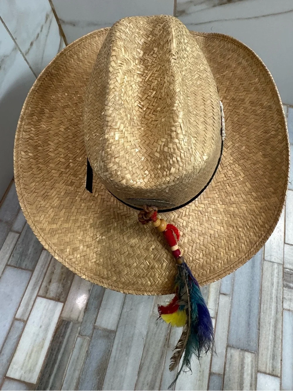 Texas hat Company Straw Cowboy Hat Oodahekrwees Tribe Beaded Thunderbird  7 1/8